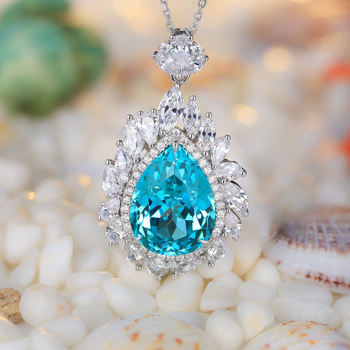 s925 sterling silver lab paraiba & cz diamond necklace