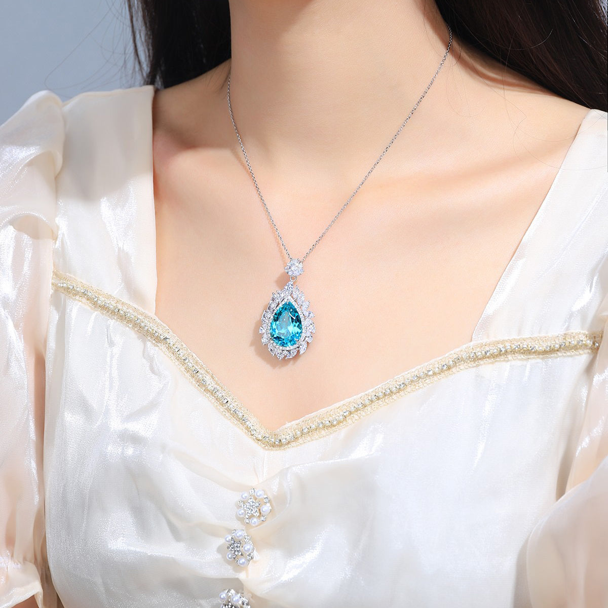 s925 sterling silver lab paraiba & cz diamond necklace