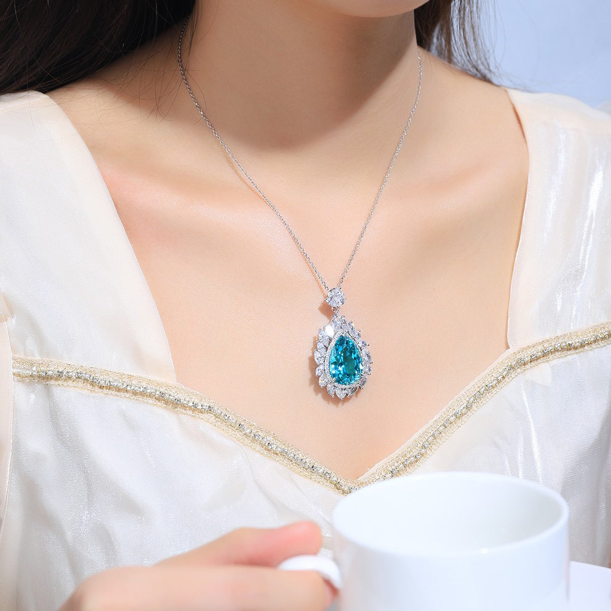 s925 sterling silver lab paraiba & cz diamond necklace