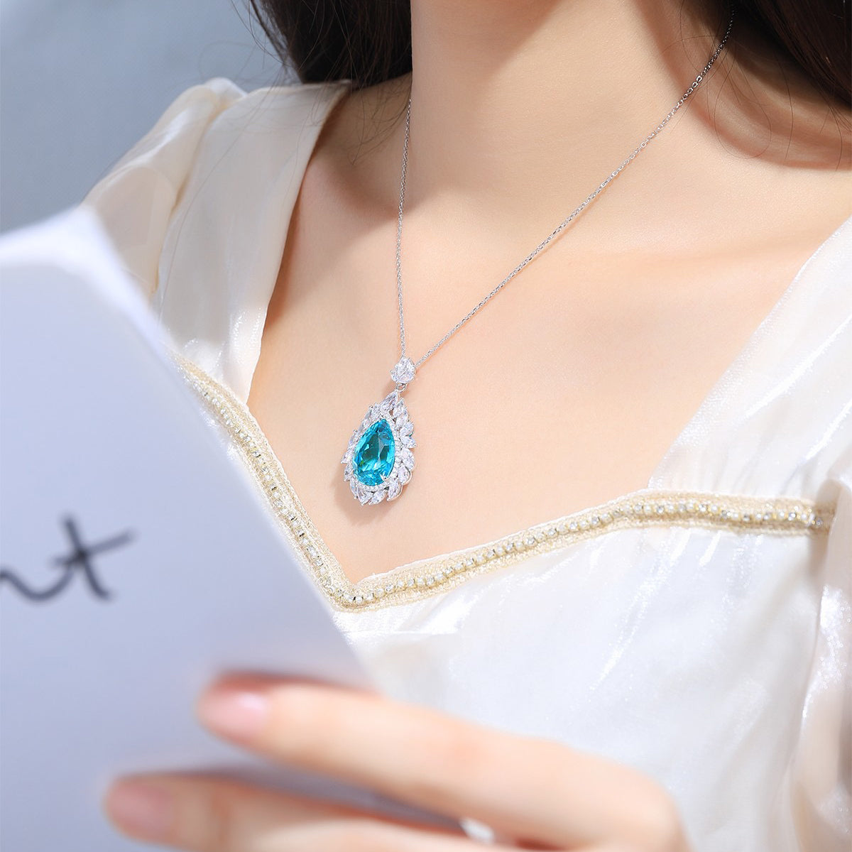 s925 sterling silver lab paraiba & cz diamond necklace