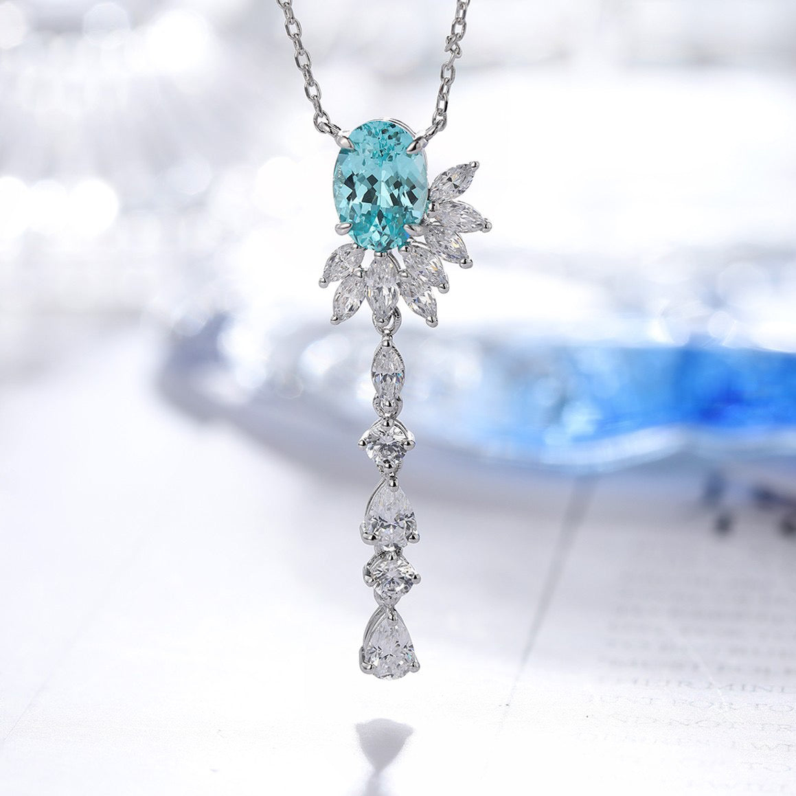 s925 sterling silver lab paraiba/ruby & cz diamond necklace