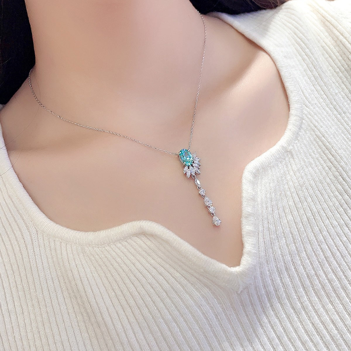 s925 sterling silver lab paraiba/ruby & cz diamond necklace