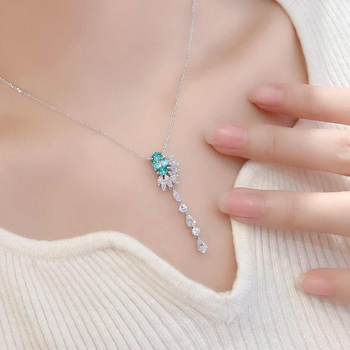 s925 sterling silver lab paraiba/ruby & cz diamond necklace