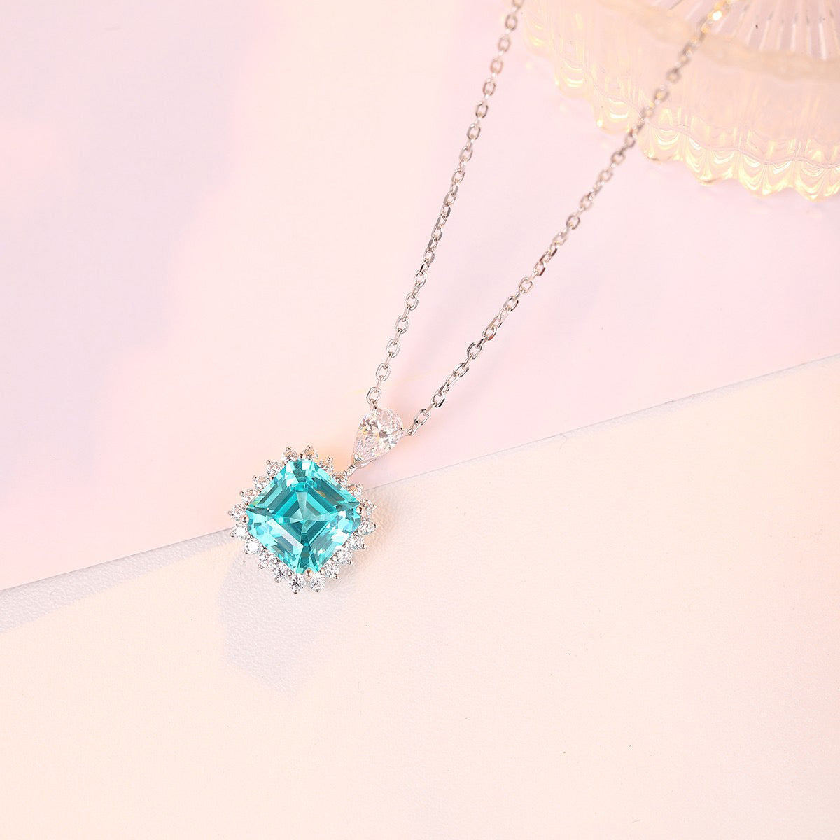 s925 sterling silver lab paraiba/emerald & cz diamond necklace