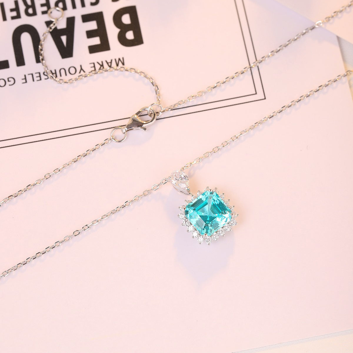 s925 sterling silver lab paraiba/emerald & cz diamond necklace