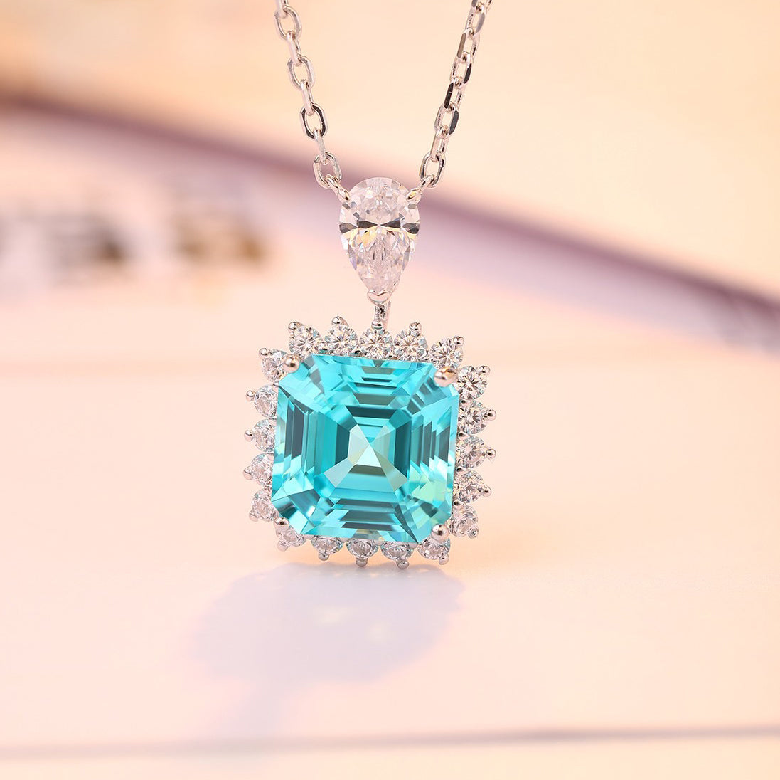 s925 sterling silver lab paraiba/emerald & cz diamond necklace
