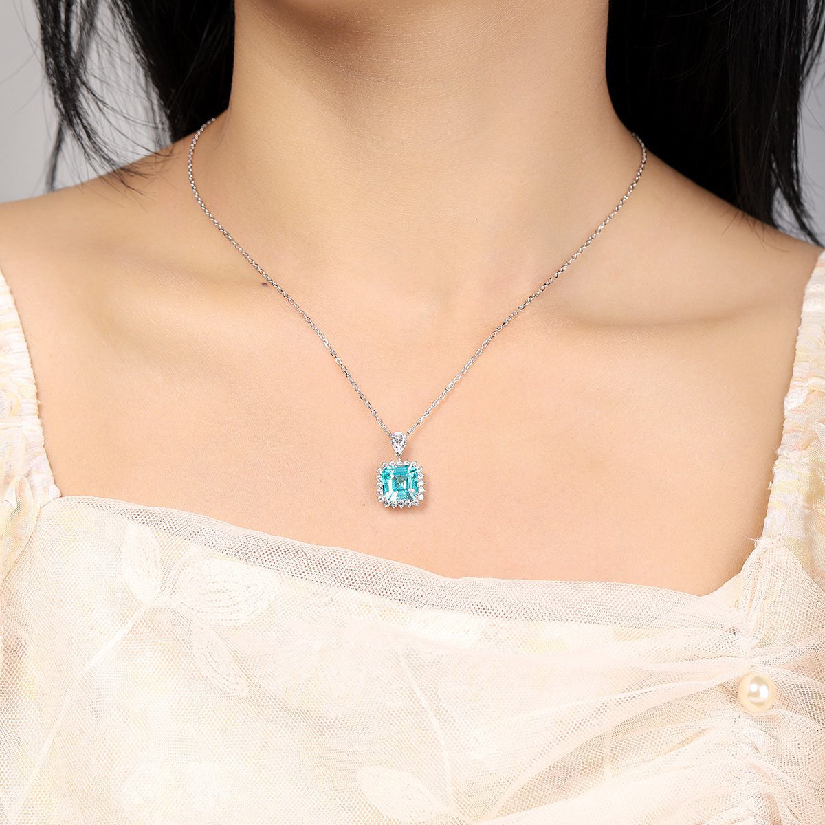 s925 sterling silver lab paraiba/emerald & cz diamond necklace