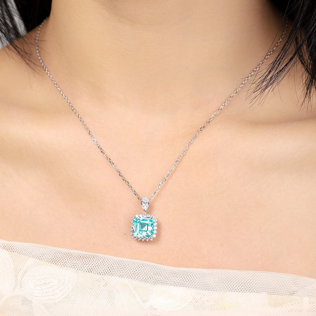 s925 sterling silver lab paraiba/emerald & cz diamond necklace