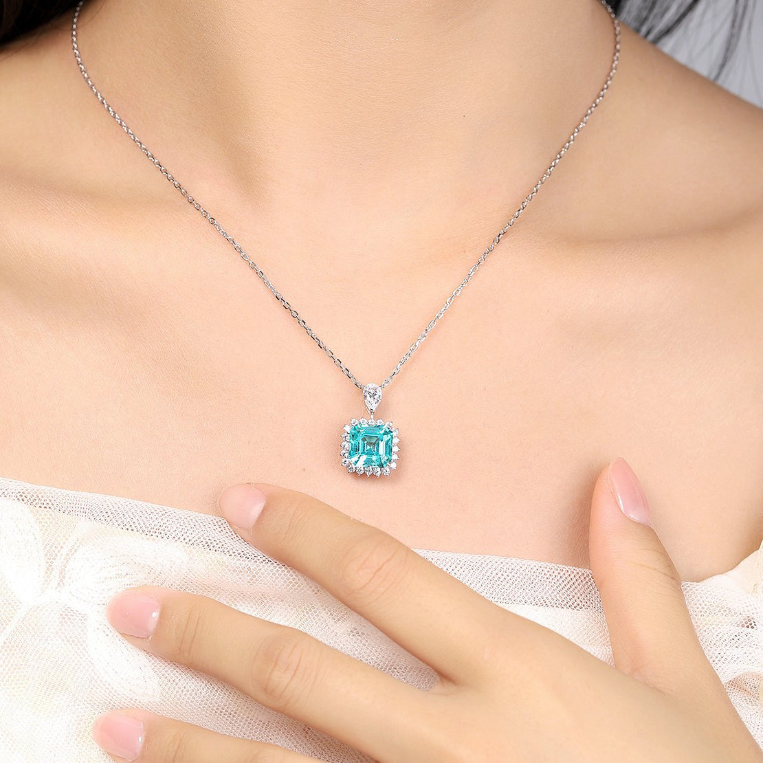 s925 sterling silver lab paraiba/emerald & cz diamond necklace