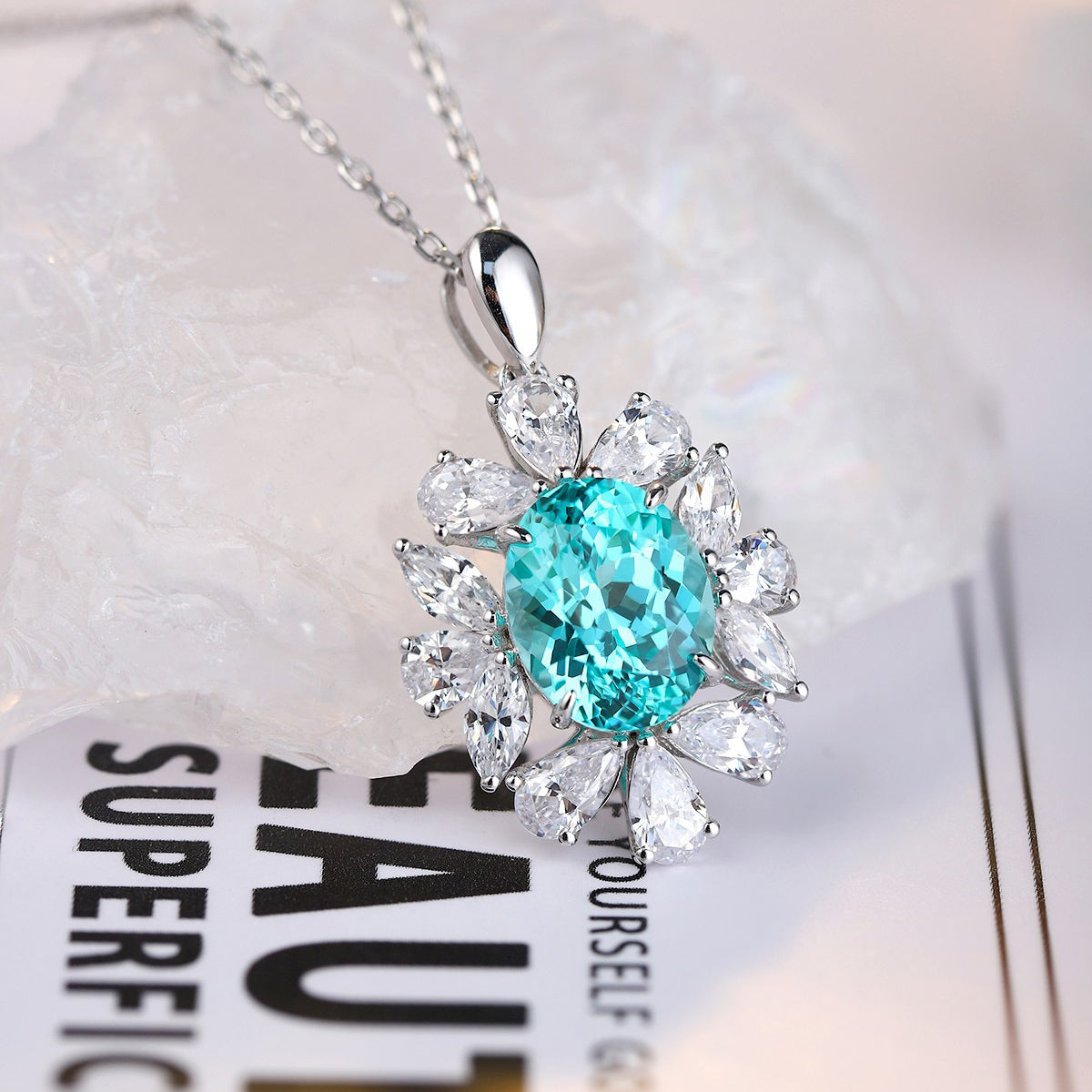 s925 sterling silver lab paraiba/ruby/sapphire/emerald & cz diamond necklace
