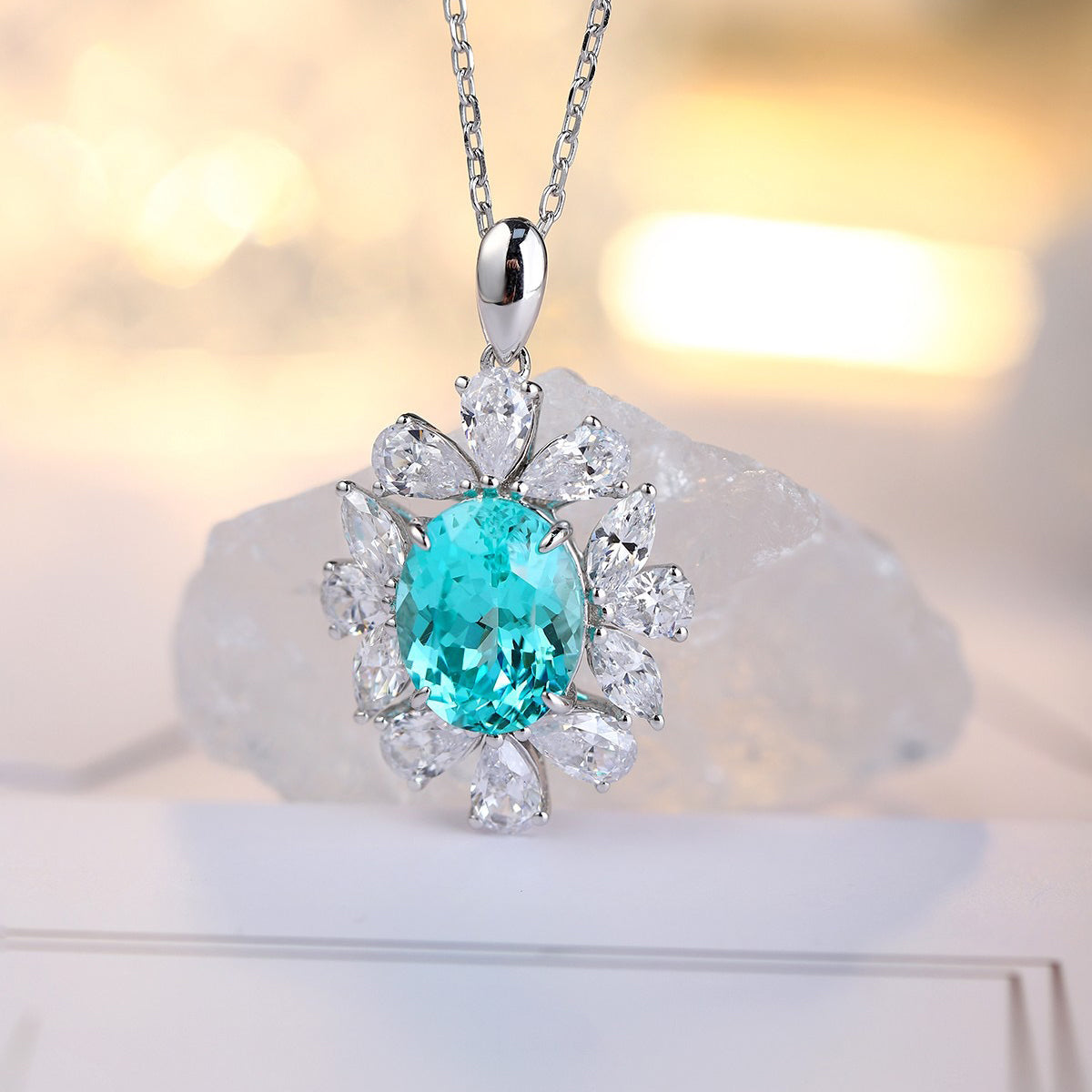 s925 sterling silver lab paraiba/ruby/sapphire/emerald & cz diamond necklace