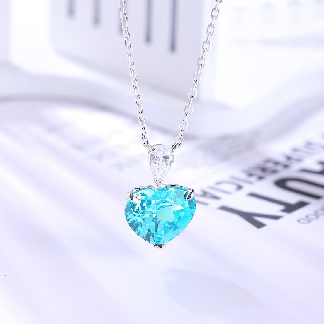 neon blue paraiba tourmaline heart necklace in s925 sterling silver ,18k white gold plated