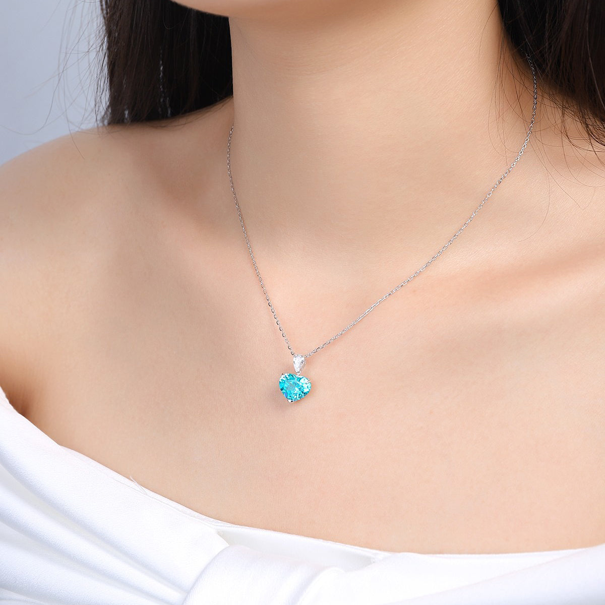 neon blue paraiba tourmaline heart necklace in s925 sterling silver ,18k white gold plated