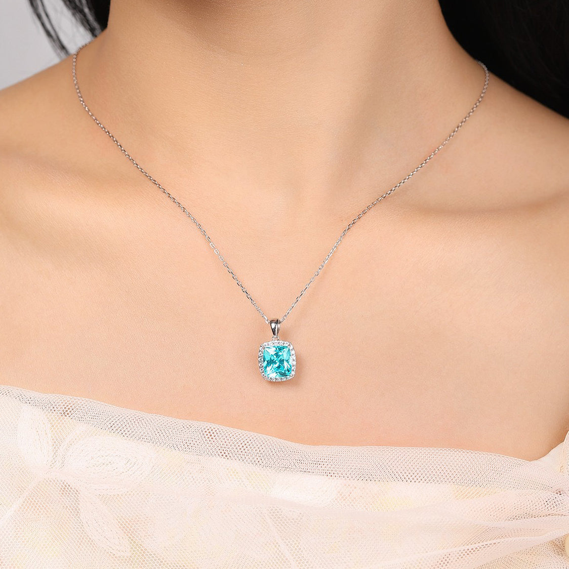 s925 sterling silver lab paraiba tourmaline & cz diamond necklace