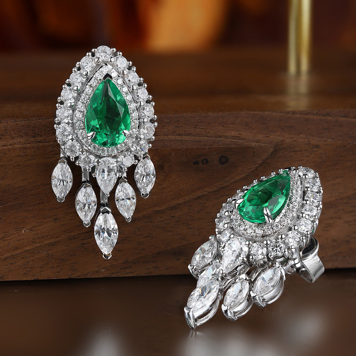s925 sterling silver lab emerald & cz diamond earrings