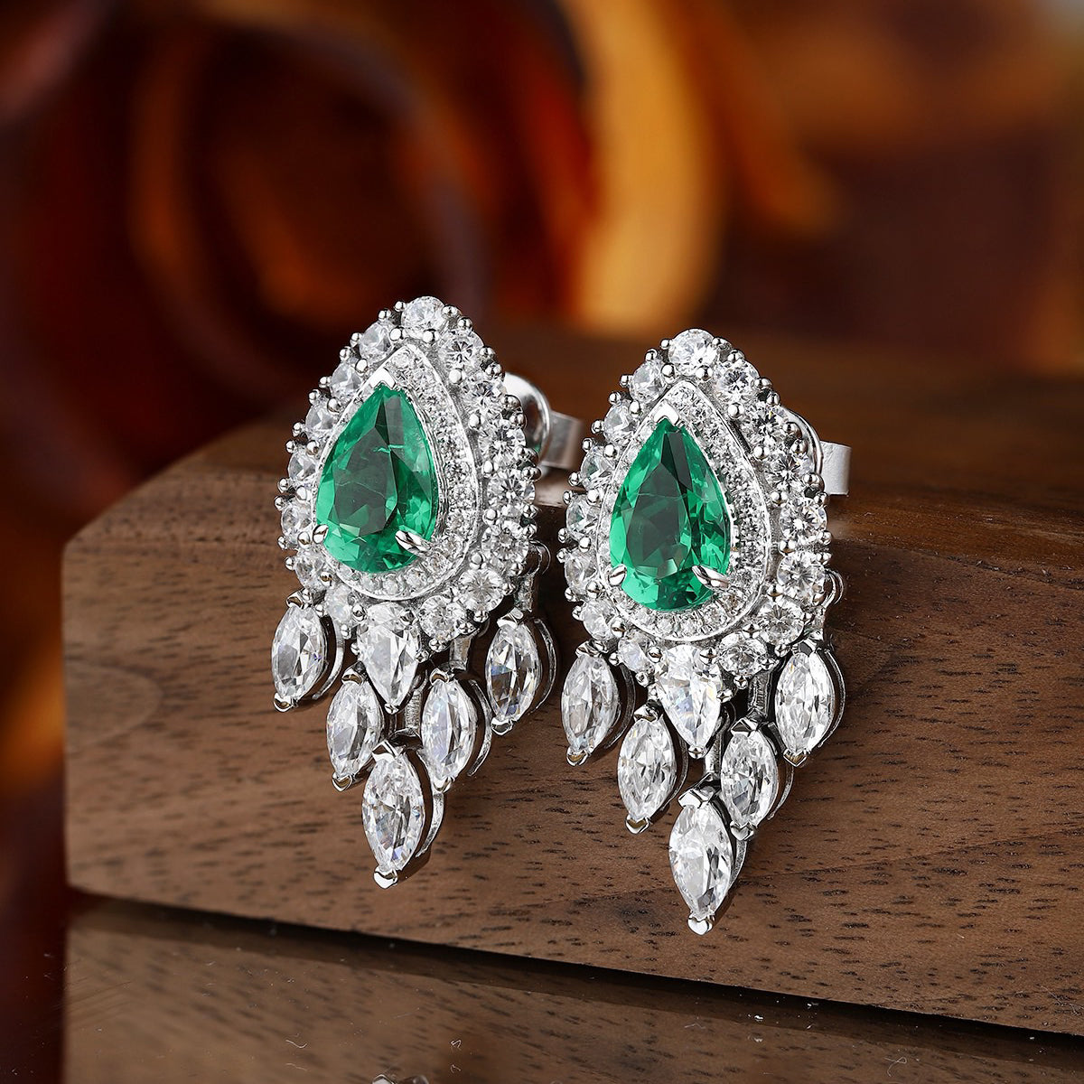 s925 sterling silver lab emerald & cz diamond earrings