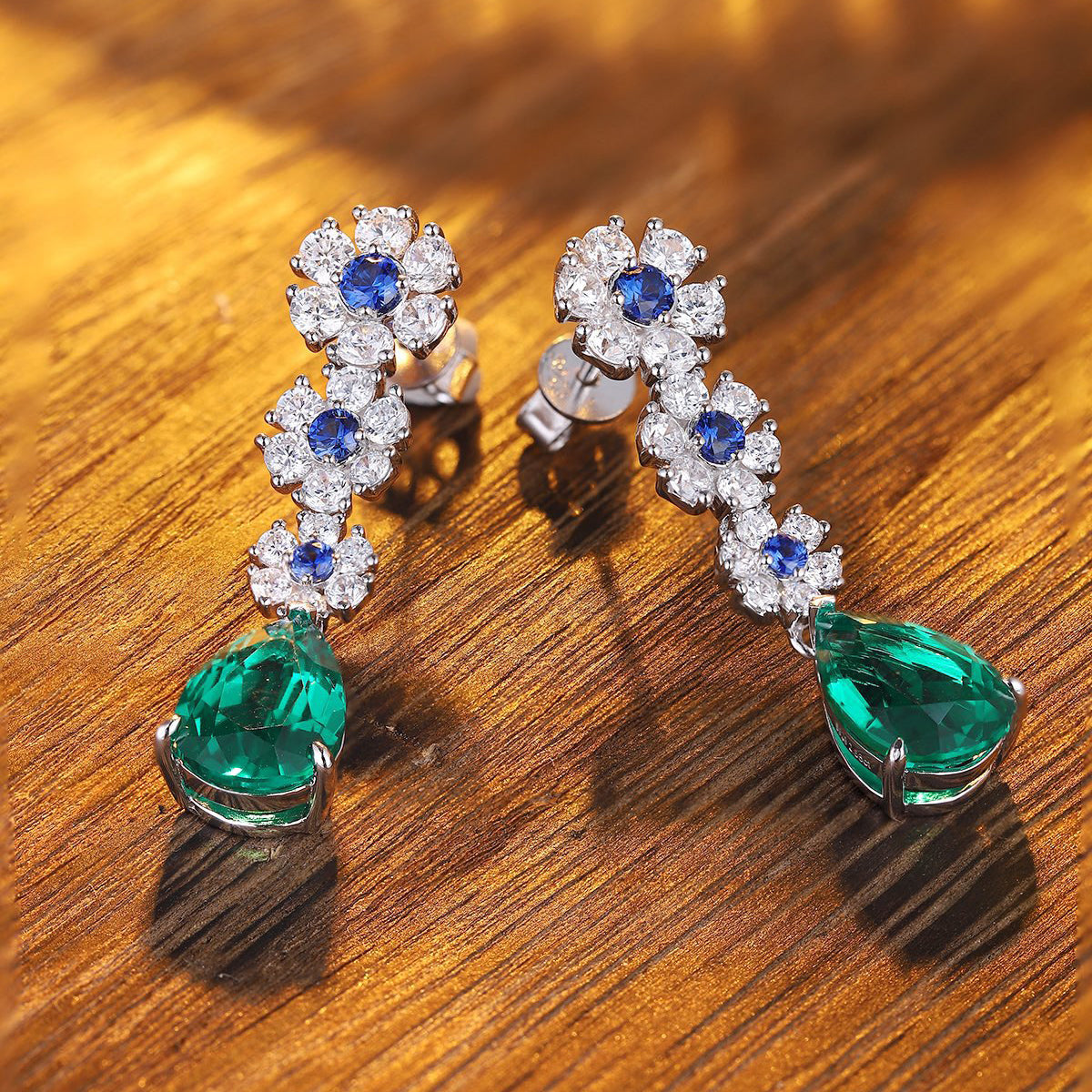 s925 sterling silver lab emerald/ruby/sapphire/cobalt spinel & cz diamond earrings