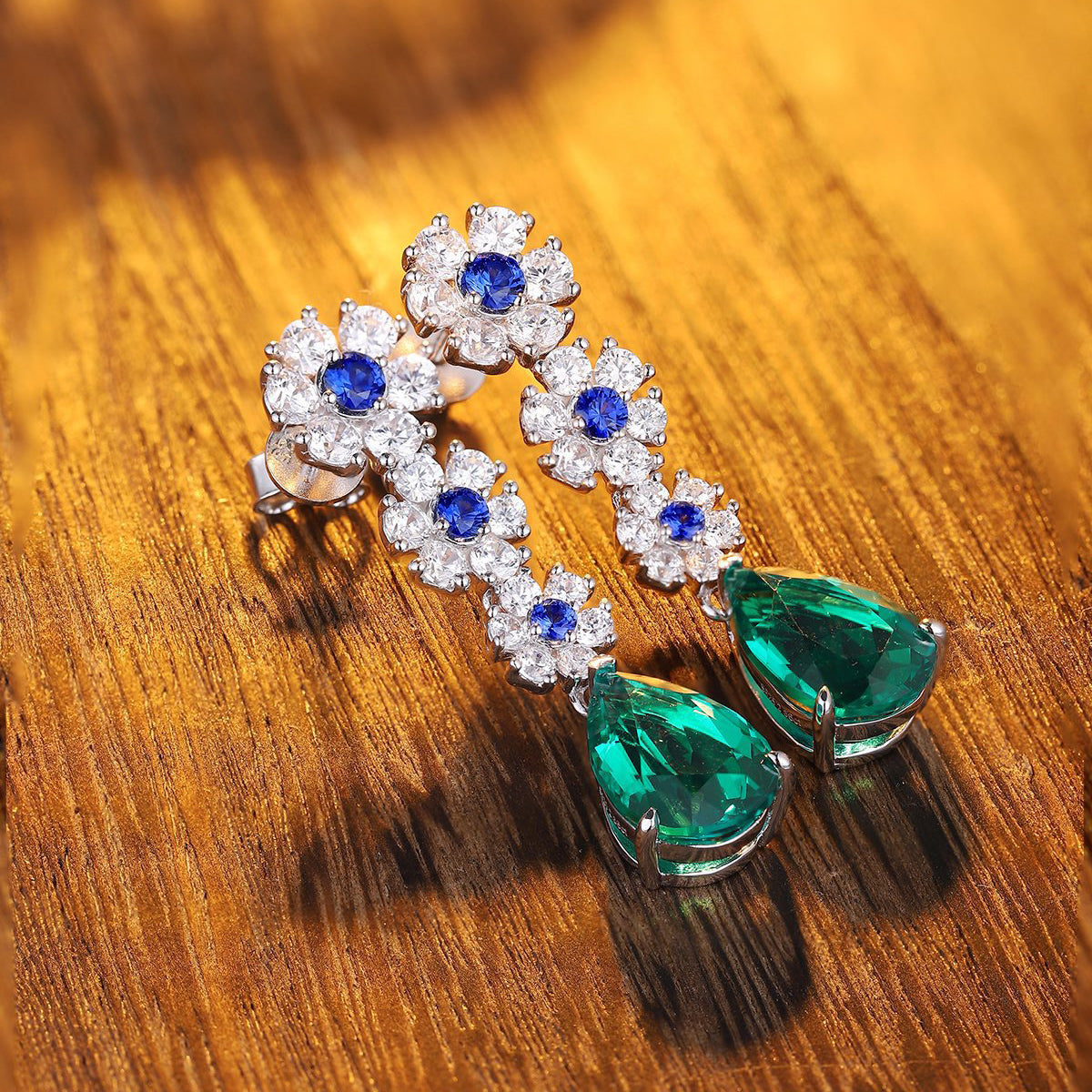 s925 sterling silver lab emerald/ruby/sapphire/cobalt spinel & cz diamond earrings