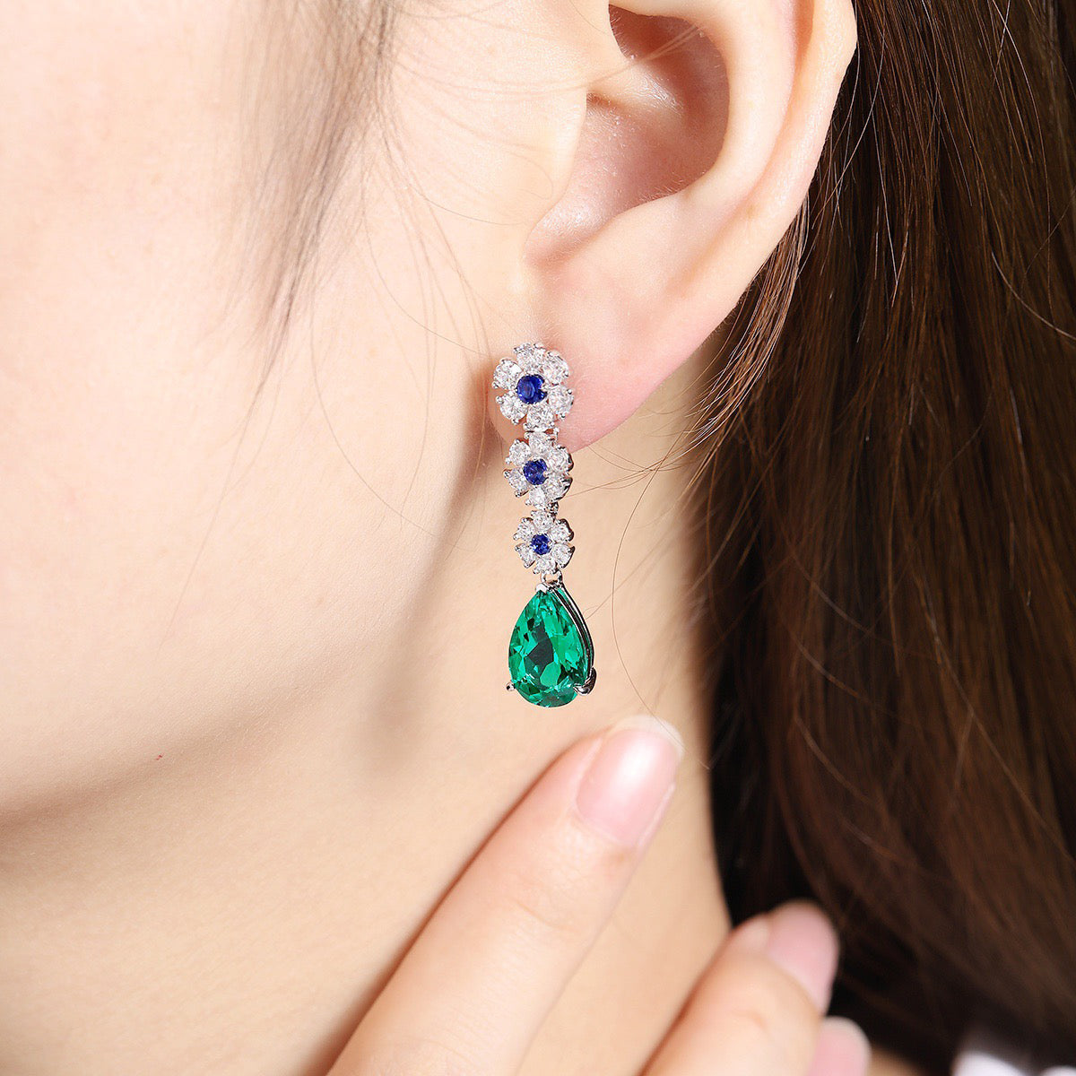 s925 sterling silver lab emerald/ruby/sapphire/cobalt spinel & cz diamond earrings