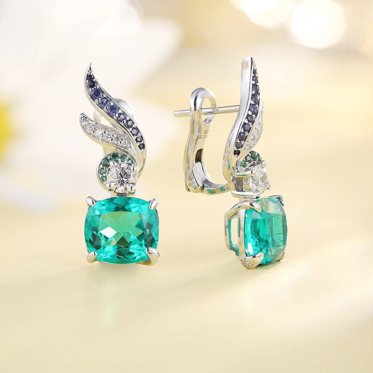 s925 sterling silver lab paraiba/ruby/sapphire/emerald/cobalt spinel & cz diamond earrings