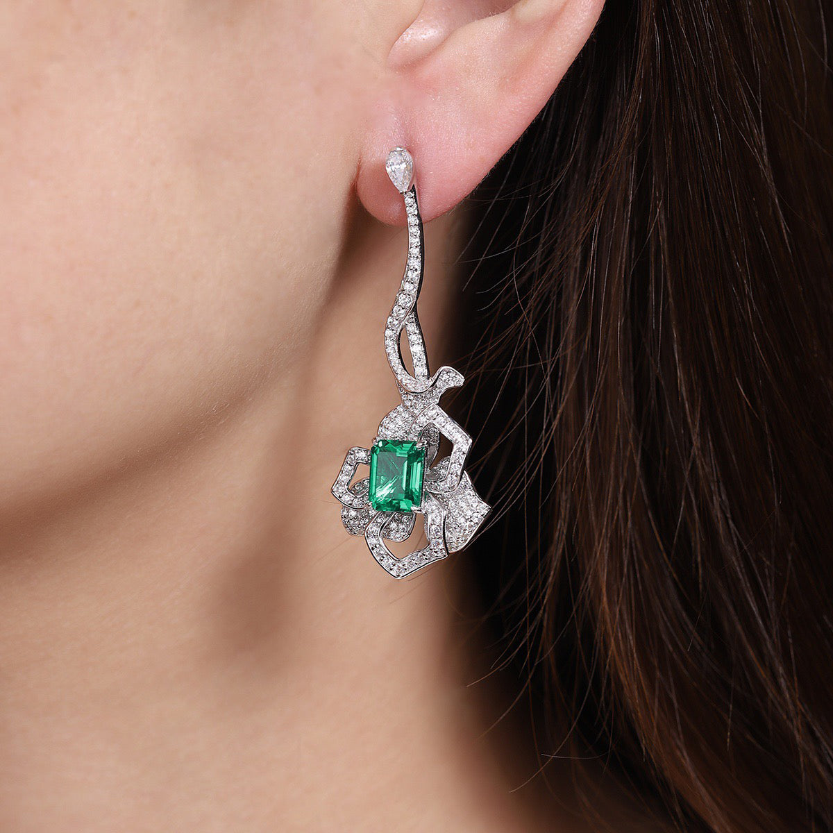 s925 sterling silver lab emerald & cz diamond earrings