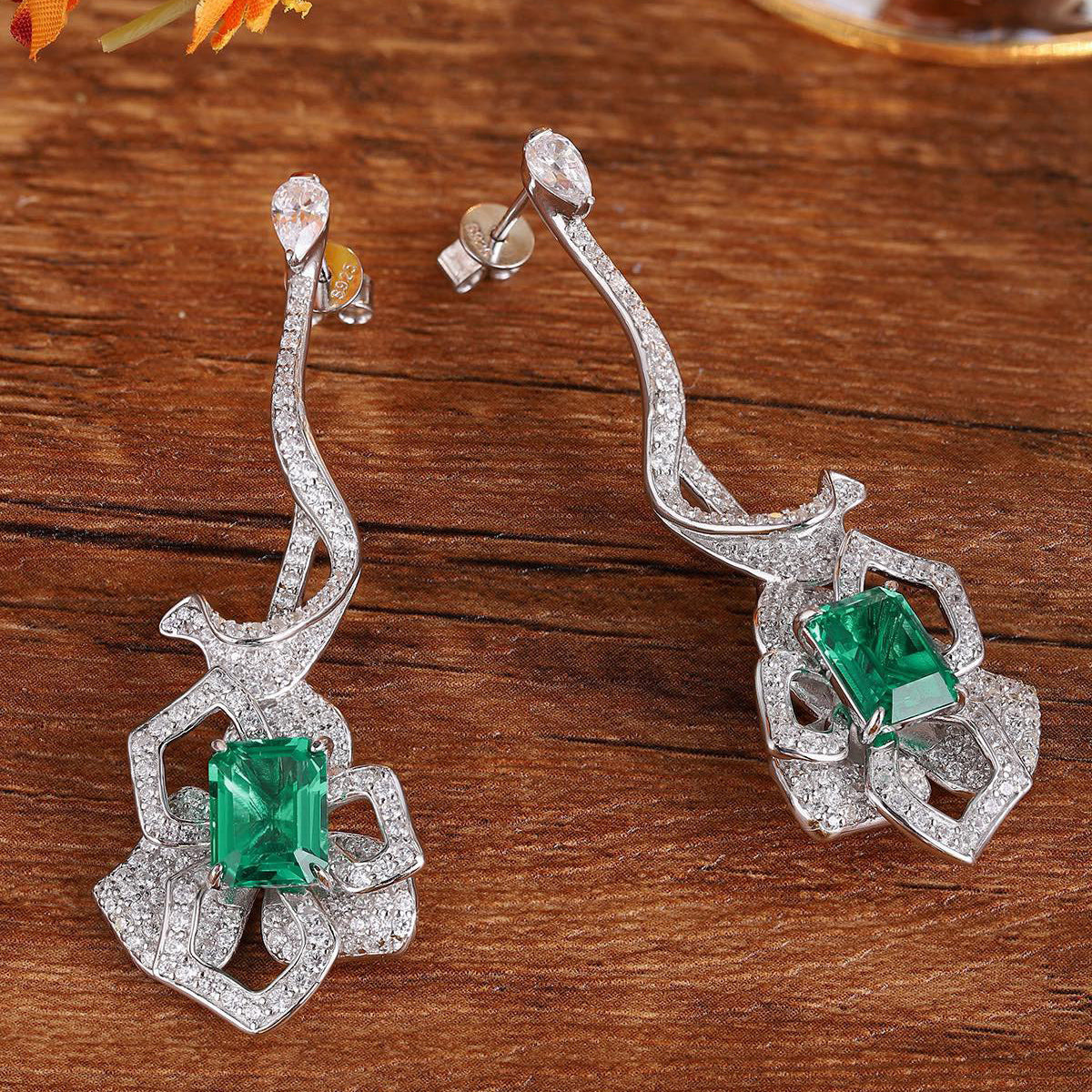 s925 sterling silver lab emerald & cz diamond earrings
