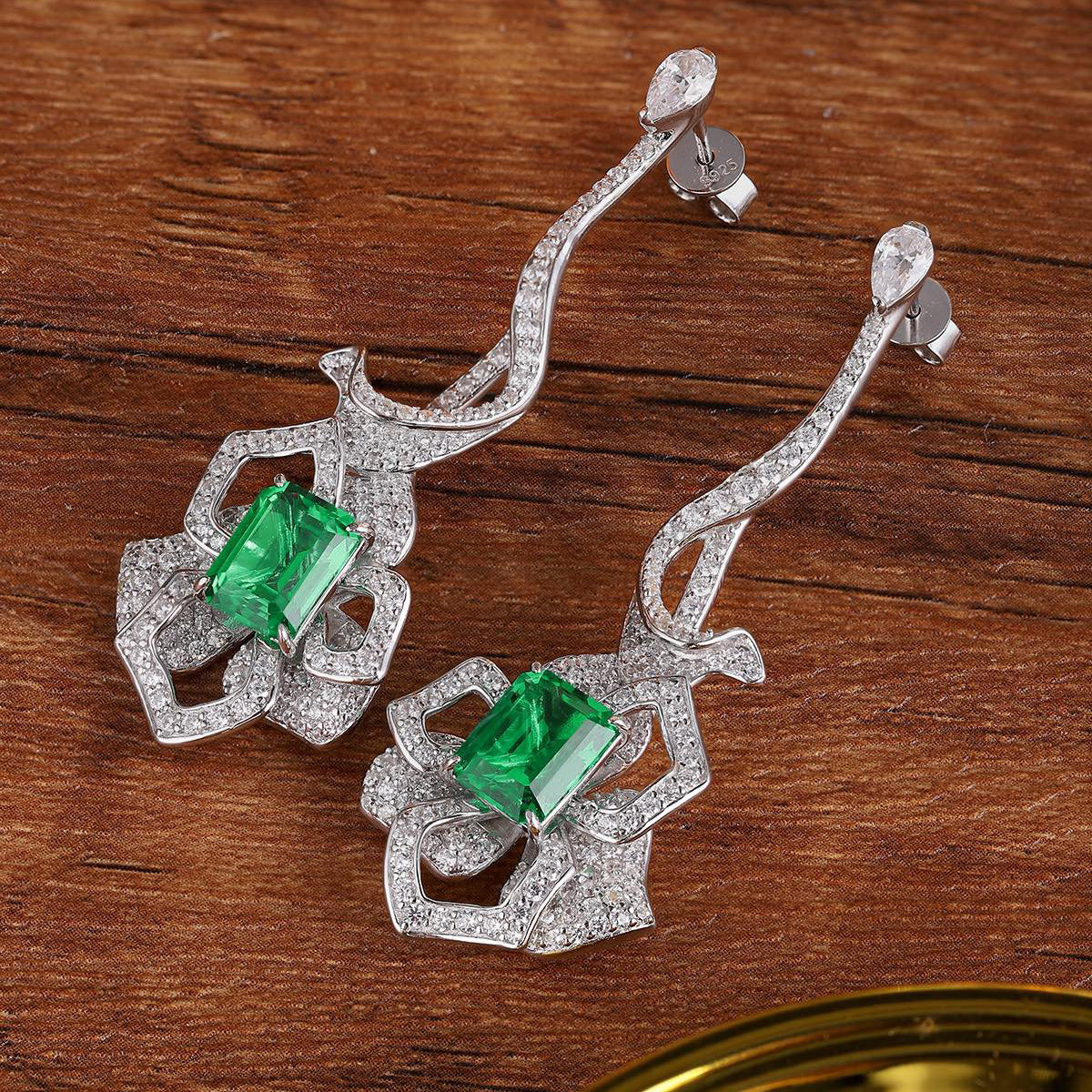 s925 sterling silver lab emerald & cz diamond earrings