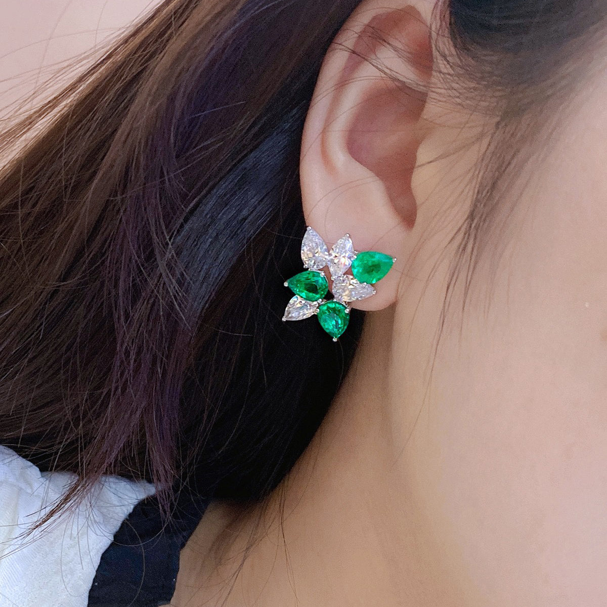 s925 sterling silver lab emerald/ruby/sapphire & cz diamond stud earrings
