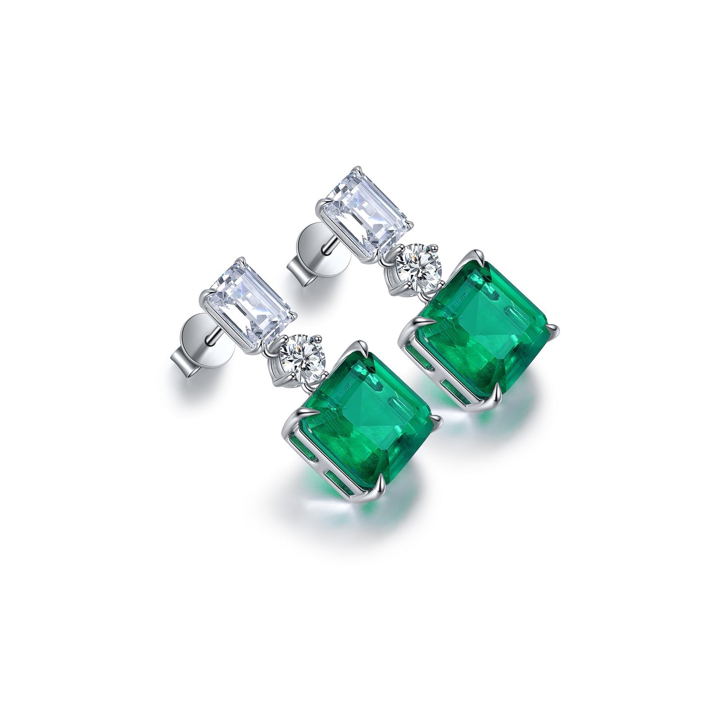 vivid green lab emerald dangling earrings in s925 sterling silver,18k white gold plated