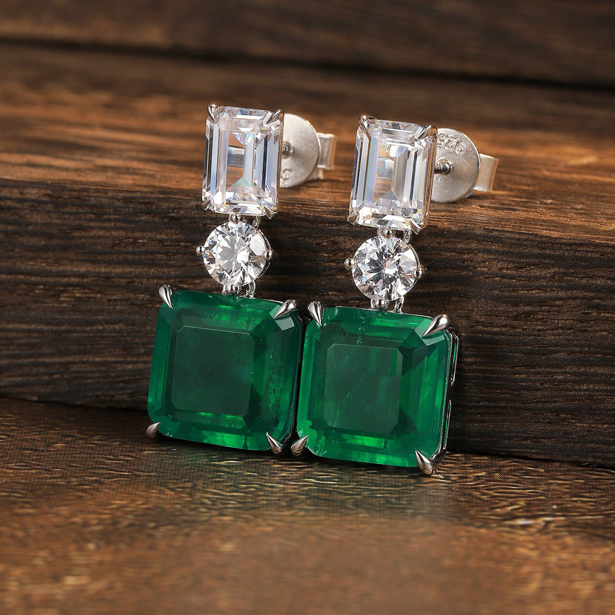 vivid green lab emerald dangling earrings in s925 sterling silver,18k white gold plated