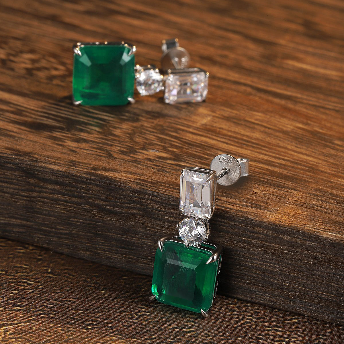 vivid green lab emerald dangling earrings in s925 sterling silver,18k white gold plated