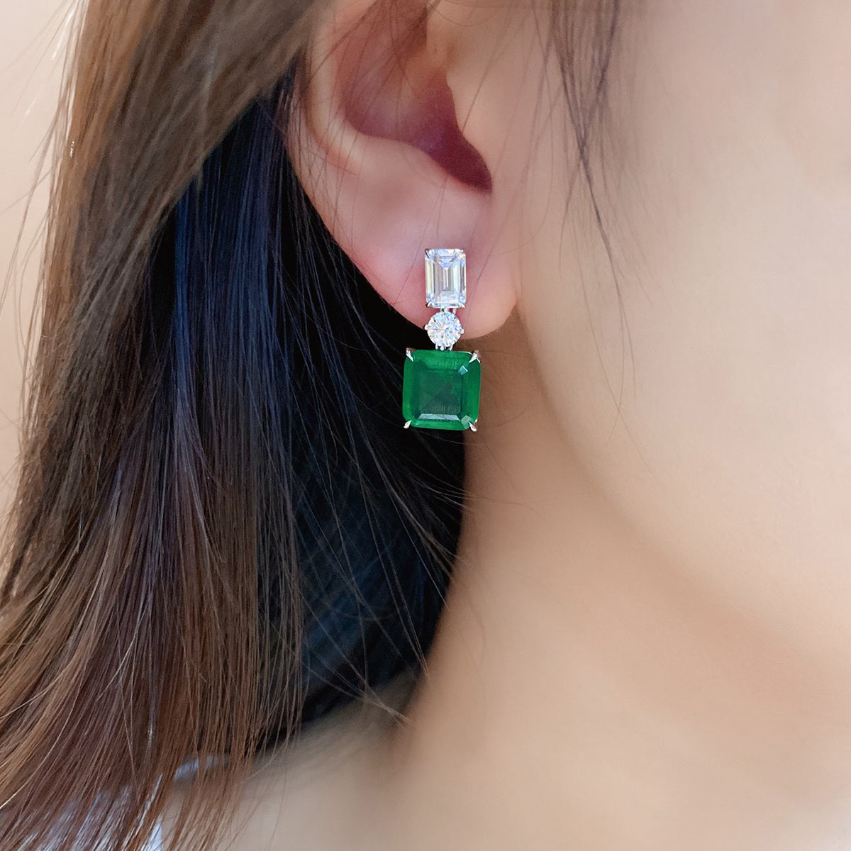 vivid green lab emerald dangling earrings in s925 sterling silver,18k white gold plated