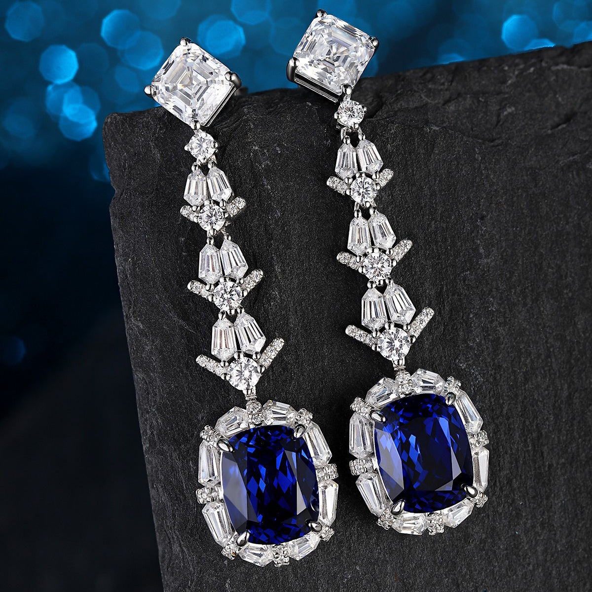 s925 sterling silver lab paraiba/sapphire & cz diamond earrings