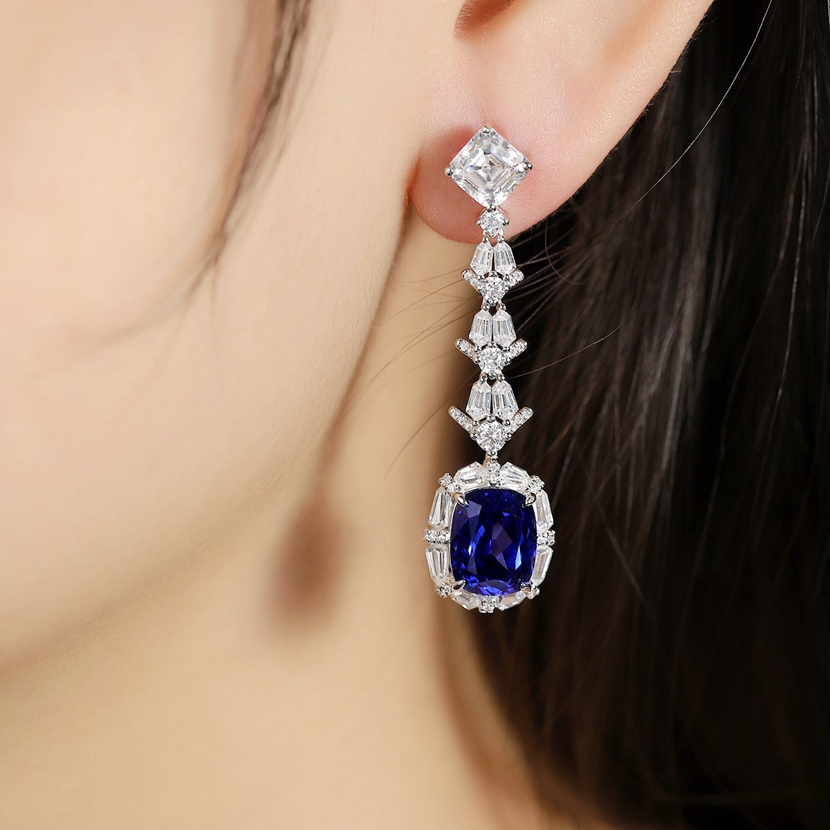 s925 sterling silver lab paraiba/sapphire & cz diamond earrings