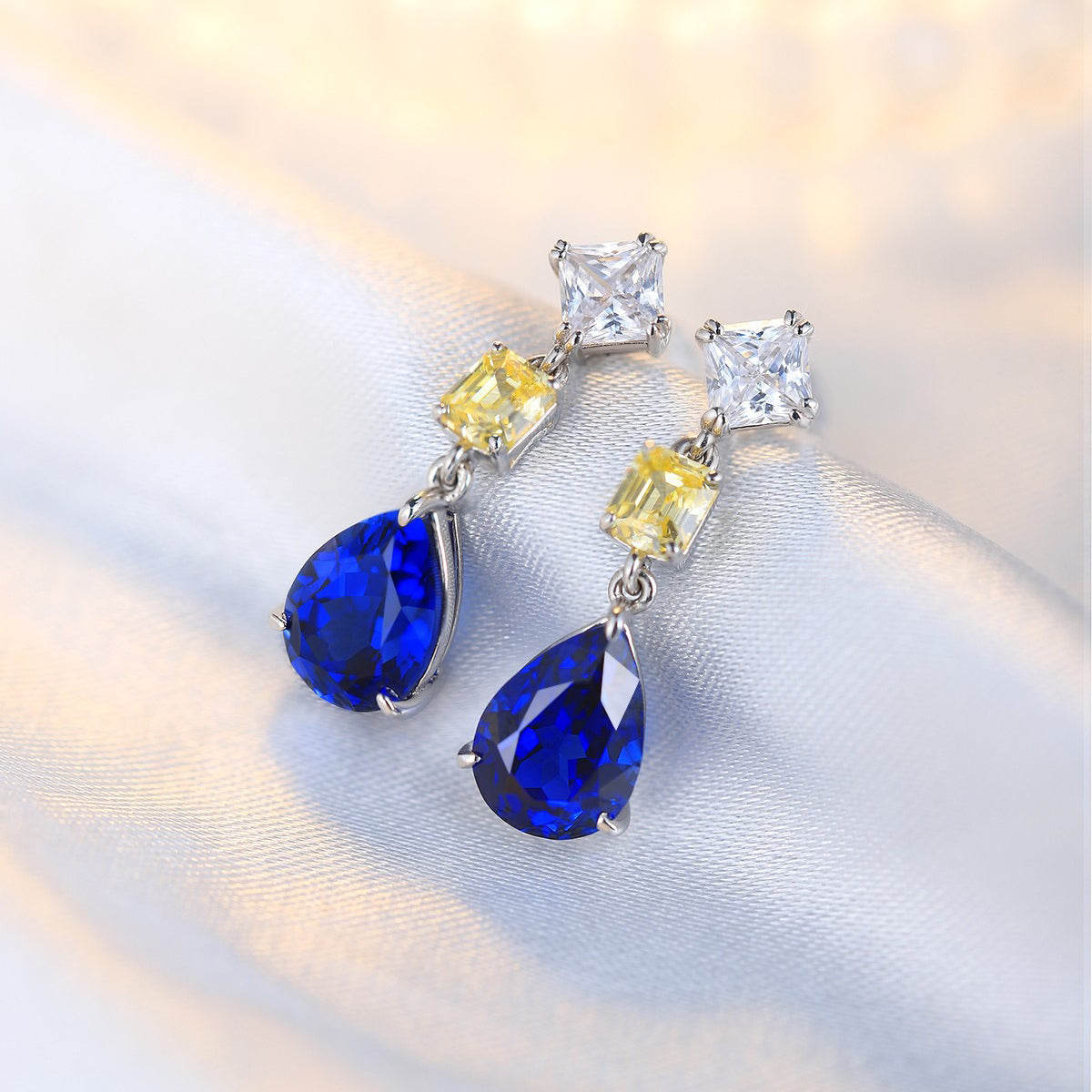 s925 sterling silver lab sapphire & cz diamond earrings