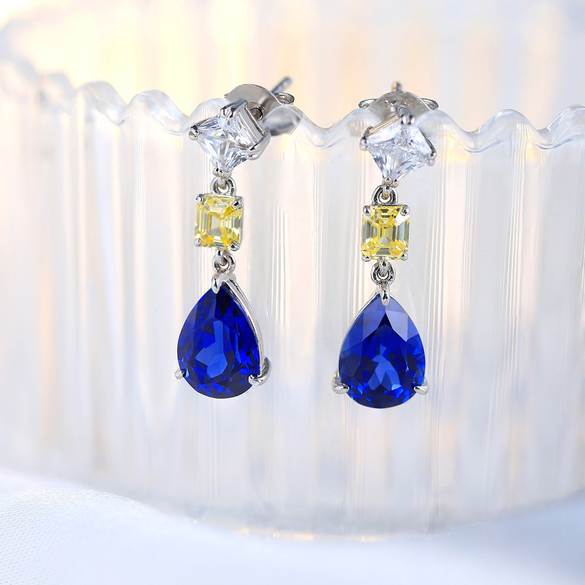 s925 sterling silver lab sapphire & cz diamond earrings