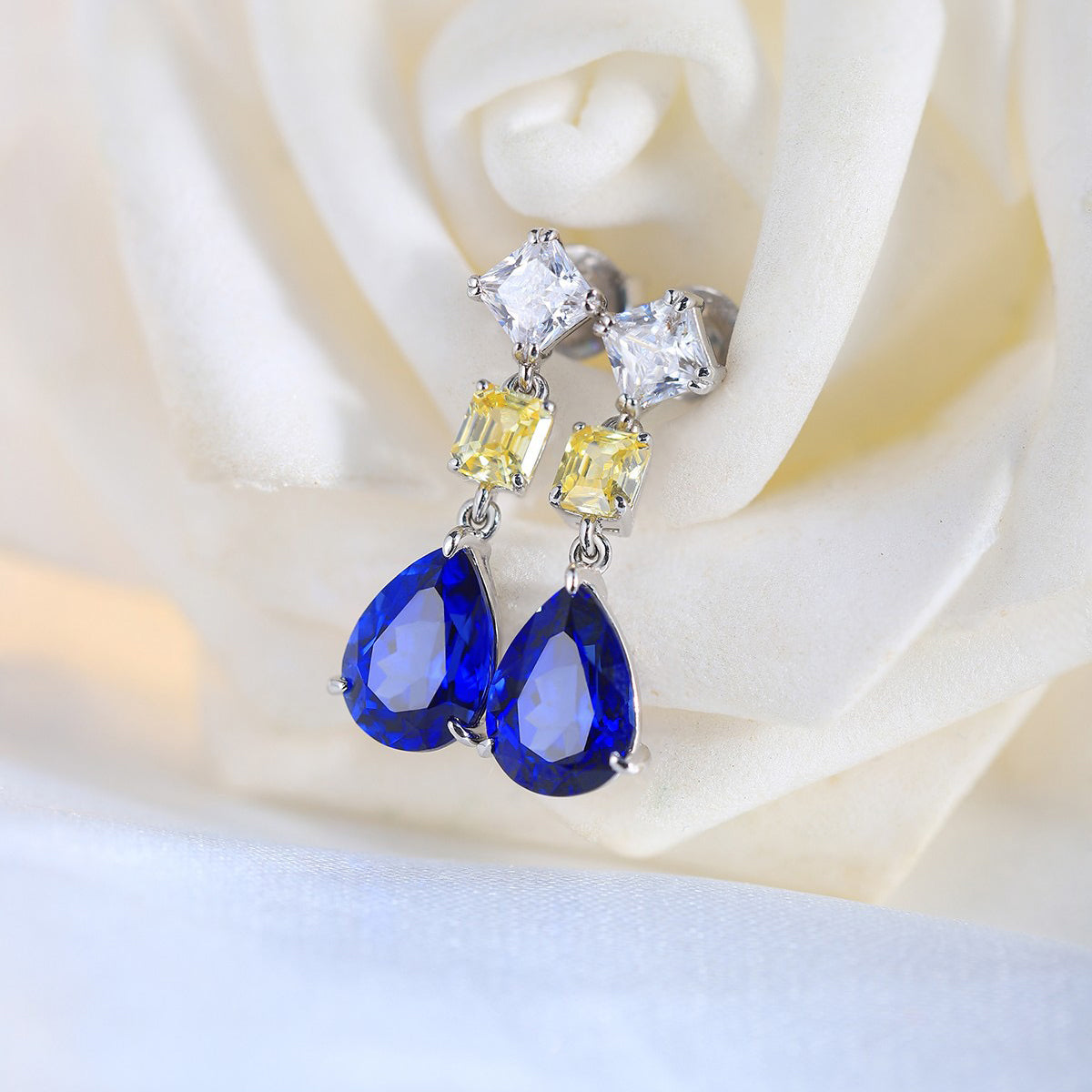 s925 sterling silver lab sapphire & cz diamond earrings