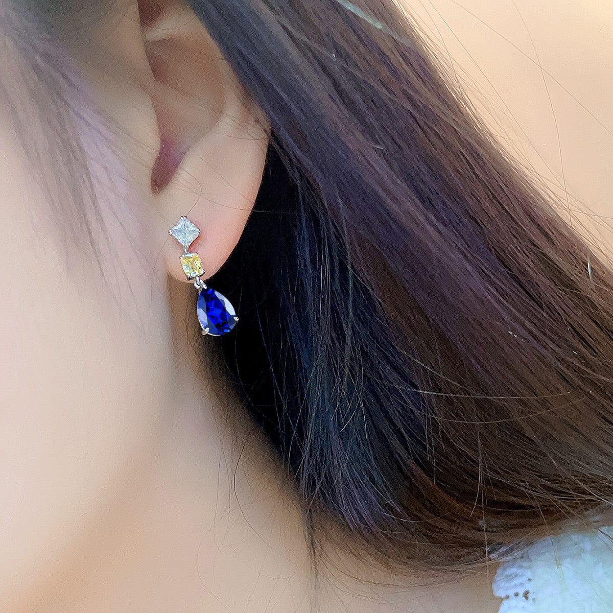 s925 sterling silver lab sapphire & cz diamond earrings