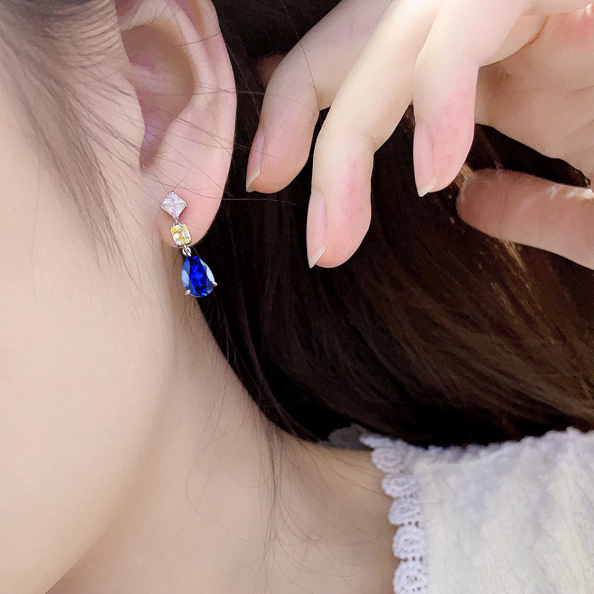 s925 sterling silver lab sapphire & cz diamond earrings