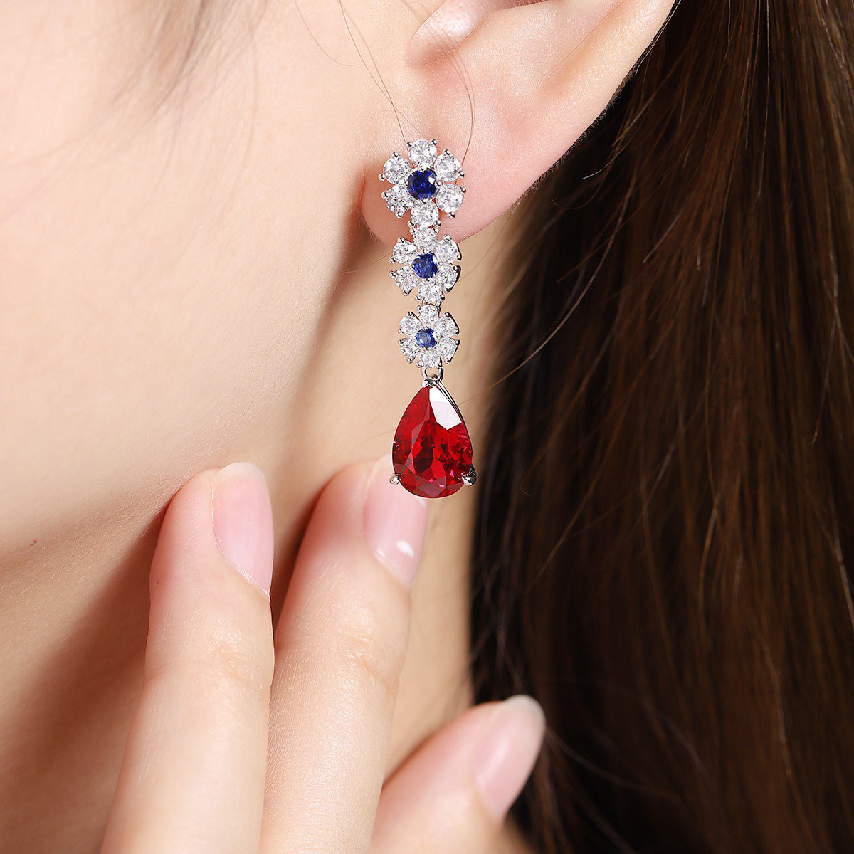 s925 sterling silver lab emerald/ruby/sapphire/cobalt spinel & cz diamond earrings