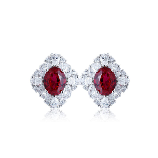 S925 Sterling Silver Lab Ruby & CZ Diamond Stud Earrings