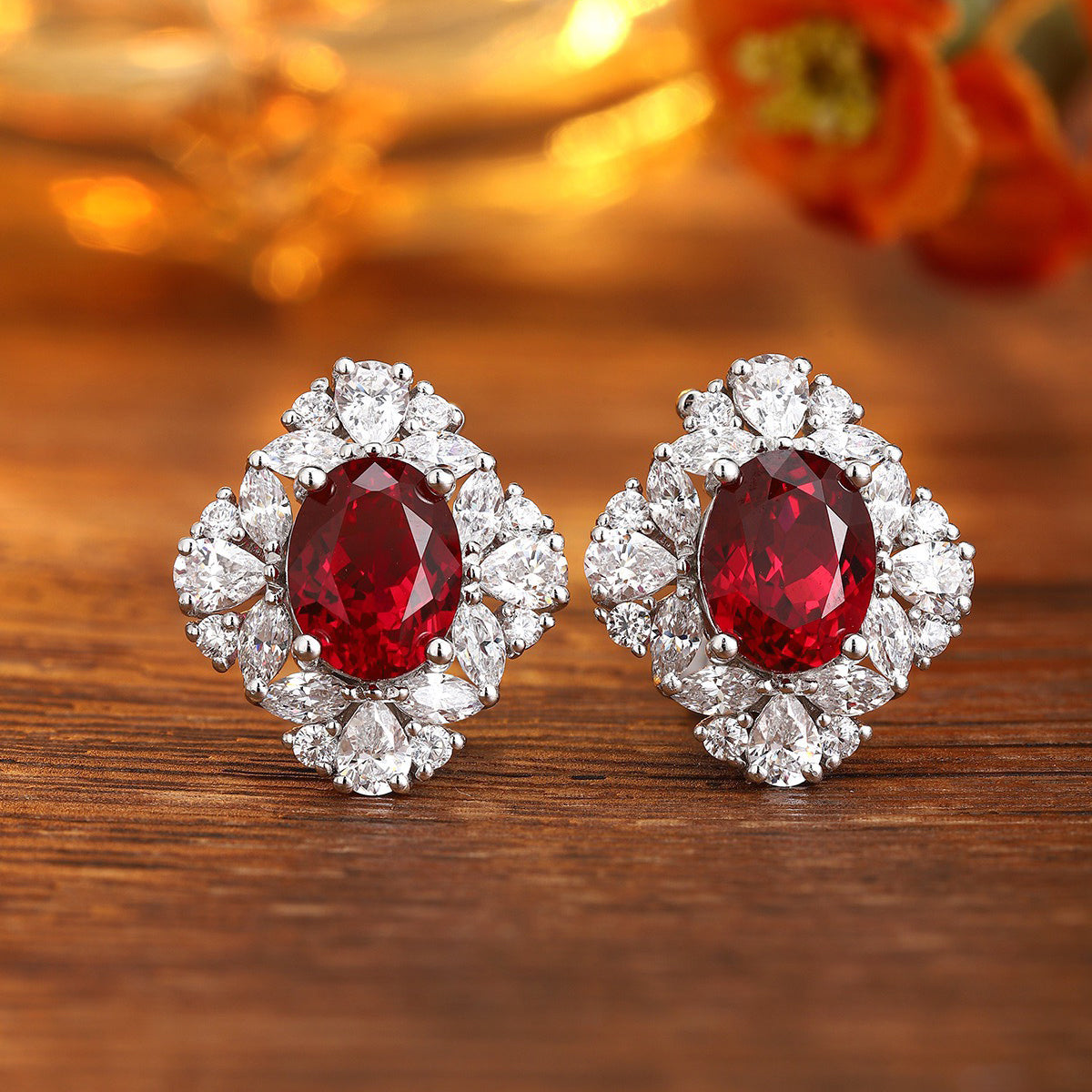 s925 sterling silver lab ruby & cz diamond stud earrings