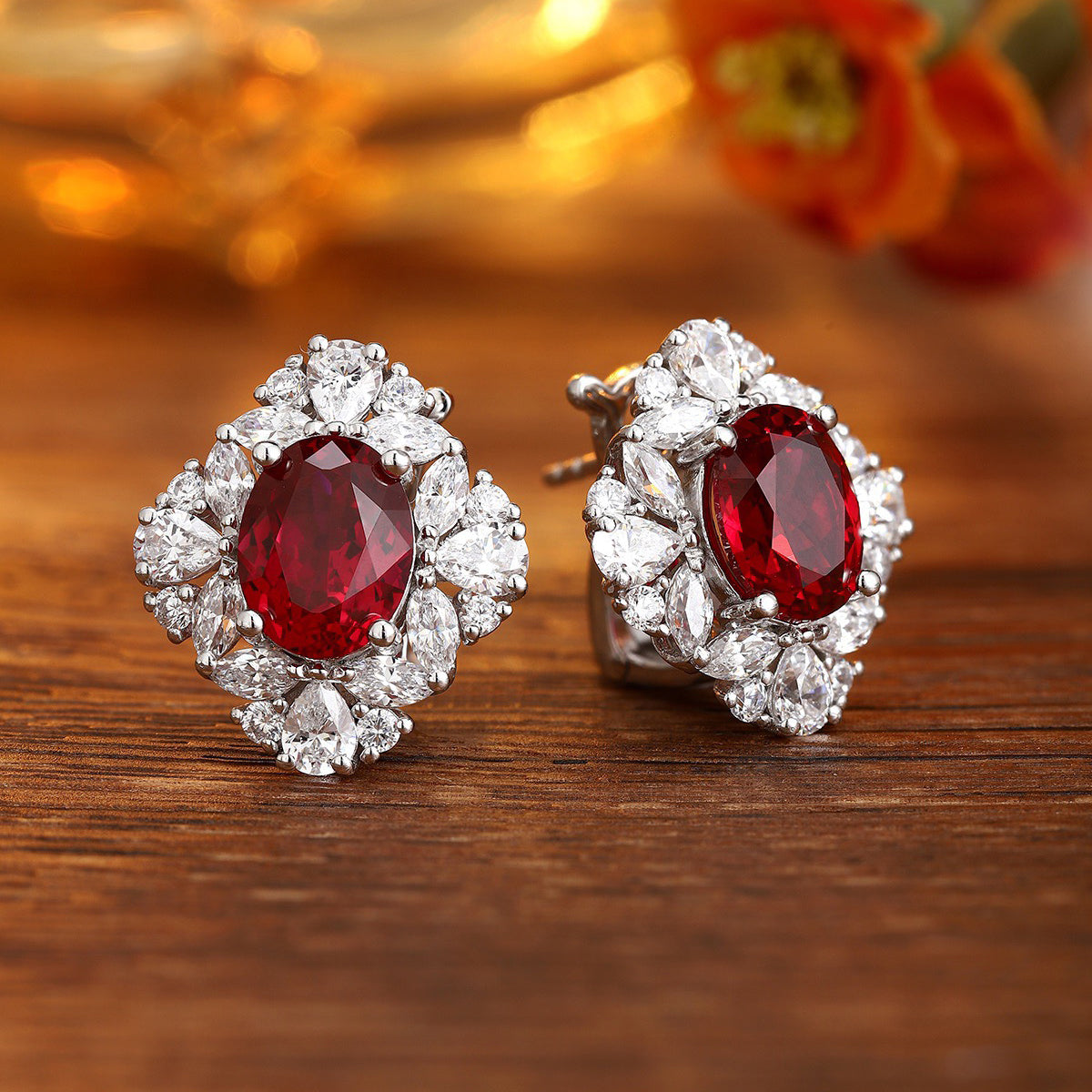 s925 sterling silver lab ruby & cz diamond stud earrings