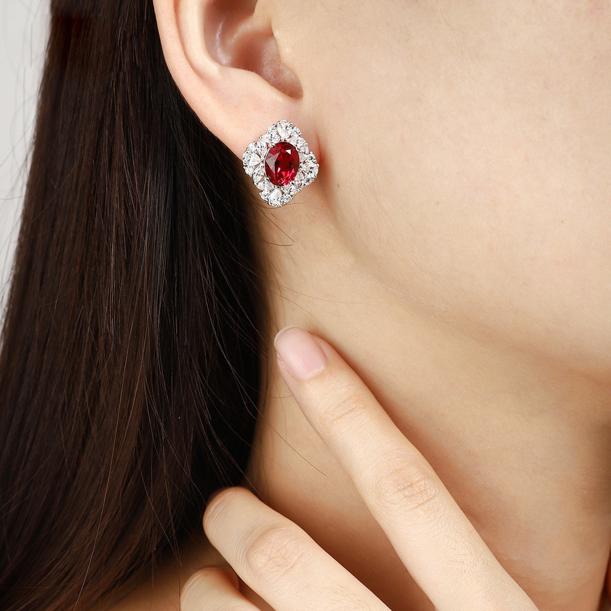 s925 sterling silver lab ruby & cz diamond stud earrings
