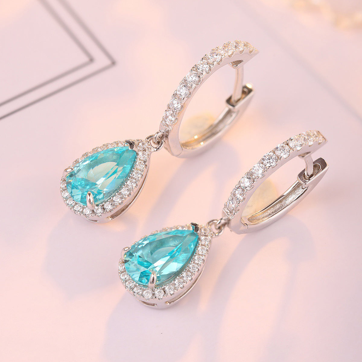 s925 sterling silver lab paraiba  & cz diamond earrings