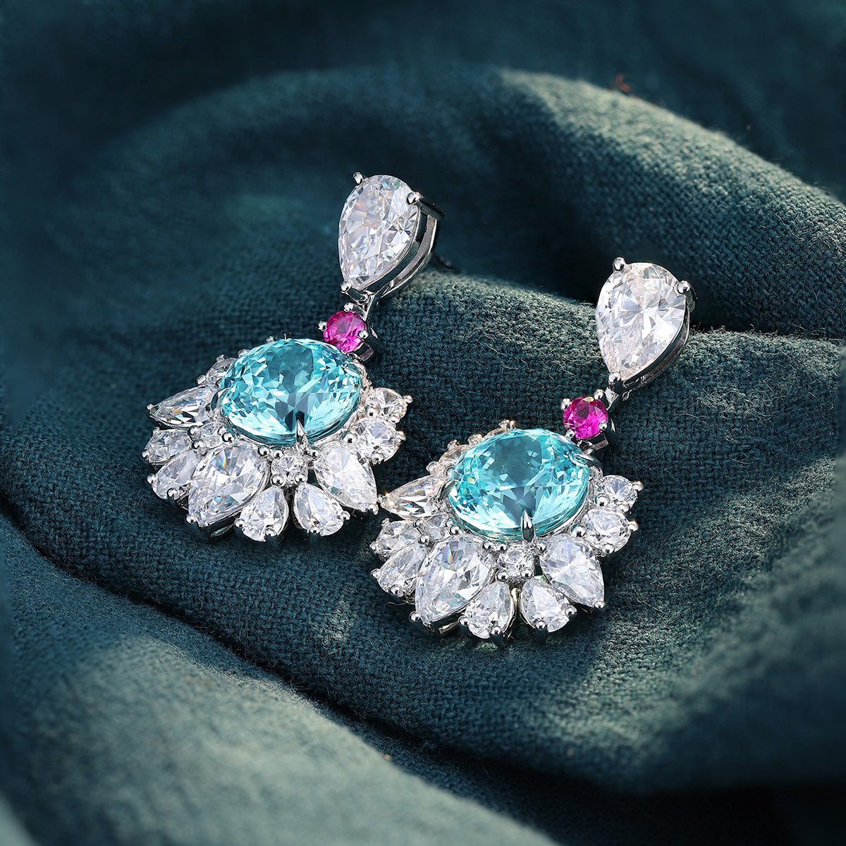 s925 sterling silver lab paraiba/ruby/sapphire/emerald/cobalt spinel & cz diamond earrings