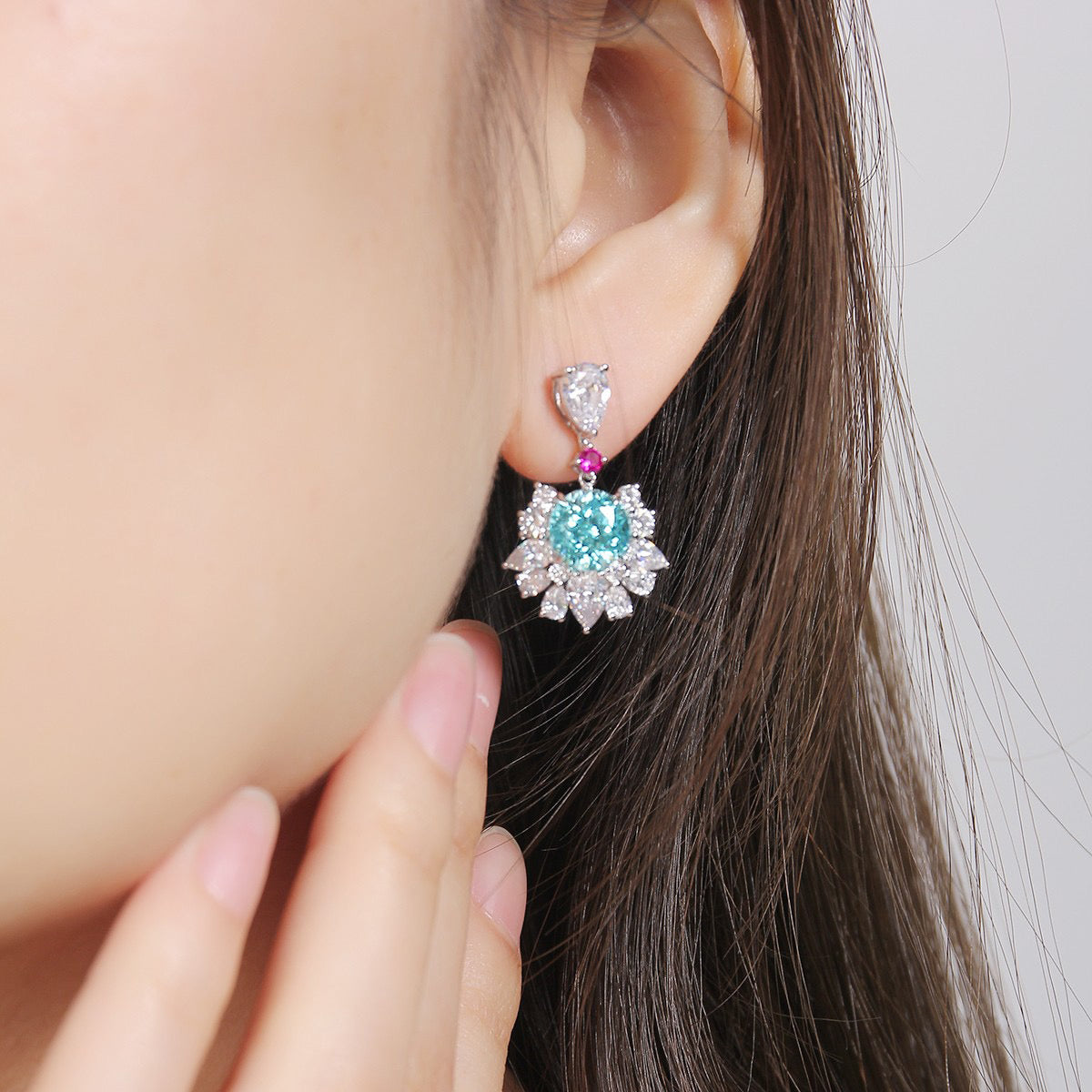 s925 sterling silver lab paraiba/ruby/sapphire/emerald/cobalt spinel & cz diamond earrings