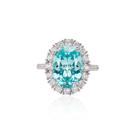 Oval Paraiba Tourmaline Ring 10.19CT,Neon Blue Halo Engagement Ring,18K White Gold Plated Sterling Silver,Promise Anniversary Gift for Her