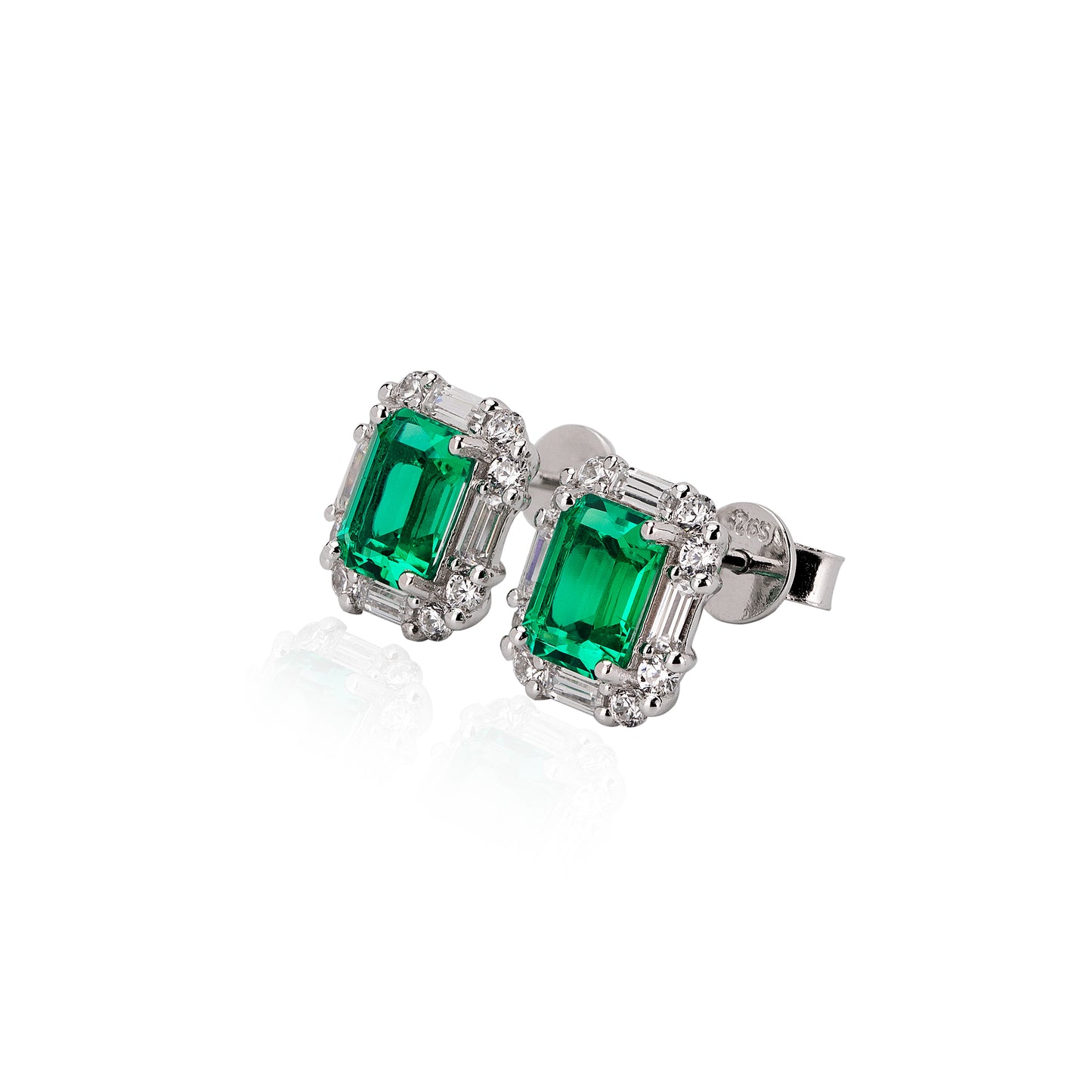 rectangle emerald stud earrings in s925 sterling silver, halo cz diamond dainty studs, minimalist may birthstone earrings gift for her