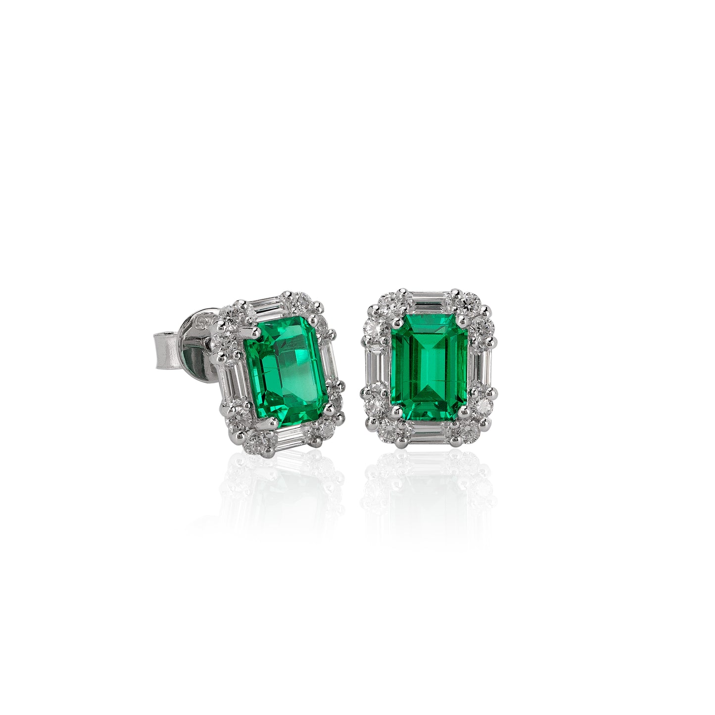 rectangle emerald stud earrings in s925 sterling silver, halo cz diamond dainty studs, minimalist may birthstone earrings gift for her